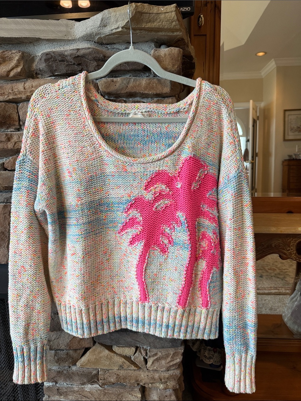 Anthropologie Multicolor Knit Sweater with Hot Pink Palm Motif